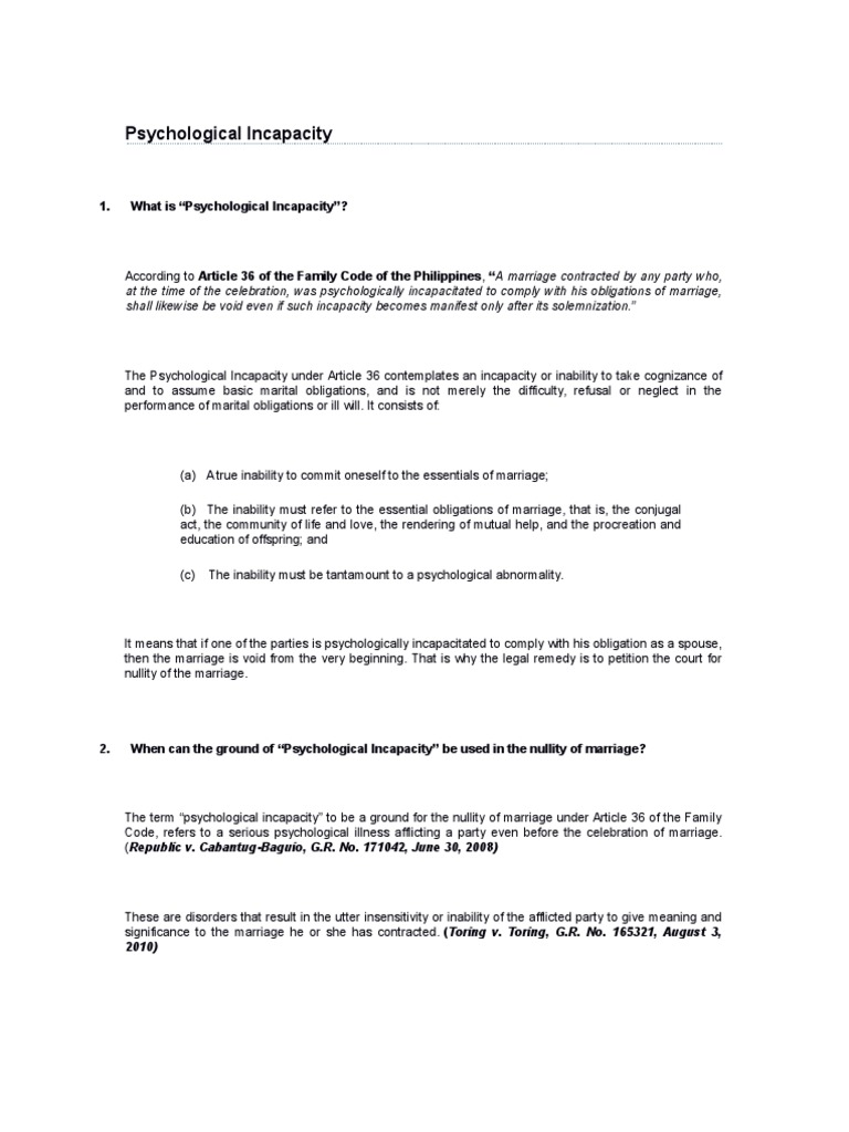 Psychological Incapacity - Notes | PDF | Annulment | Marriage