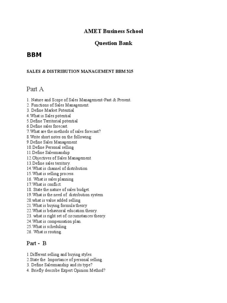 QuestionsSales & Distribution ManagementBba PDF Sales Marketing
