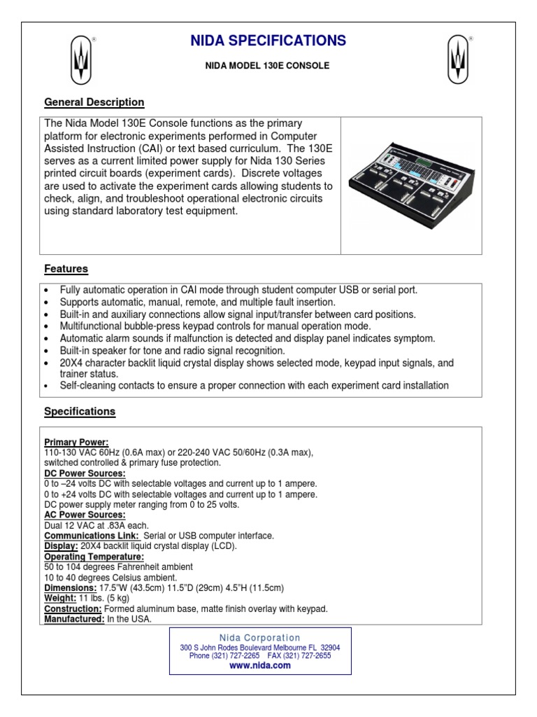 Nida Model 130E Trainer Overview | PDF
