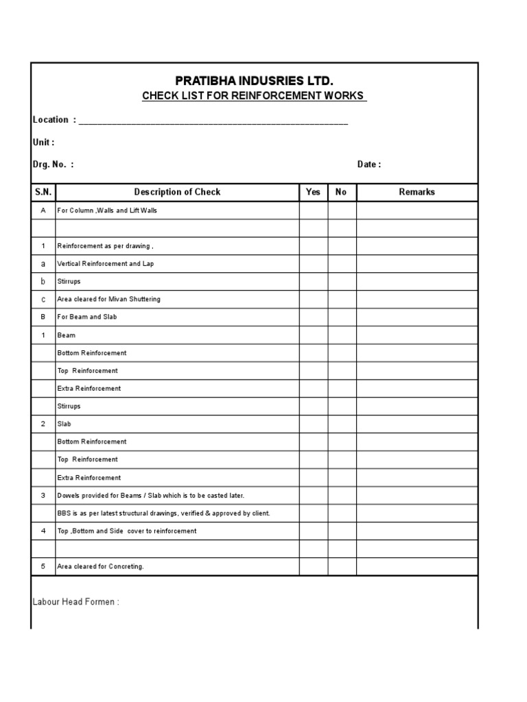 Check List For Reinforcement Works in Mivan PDF