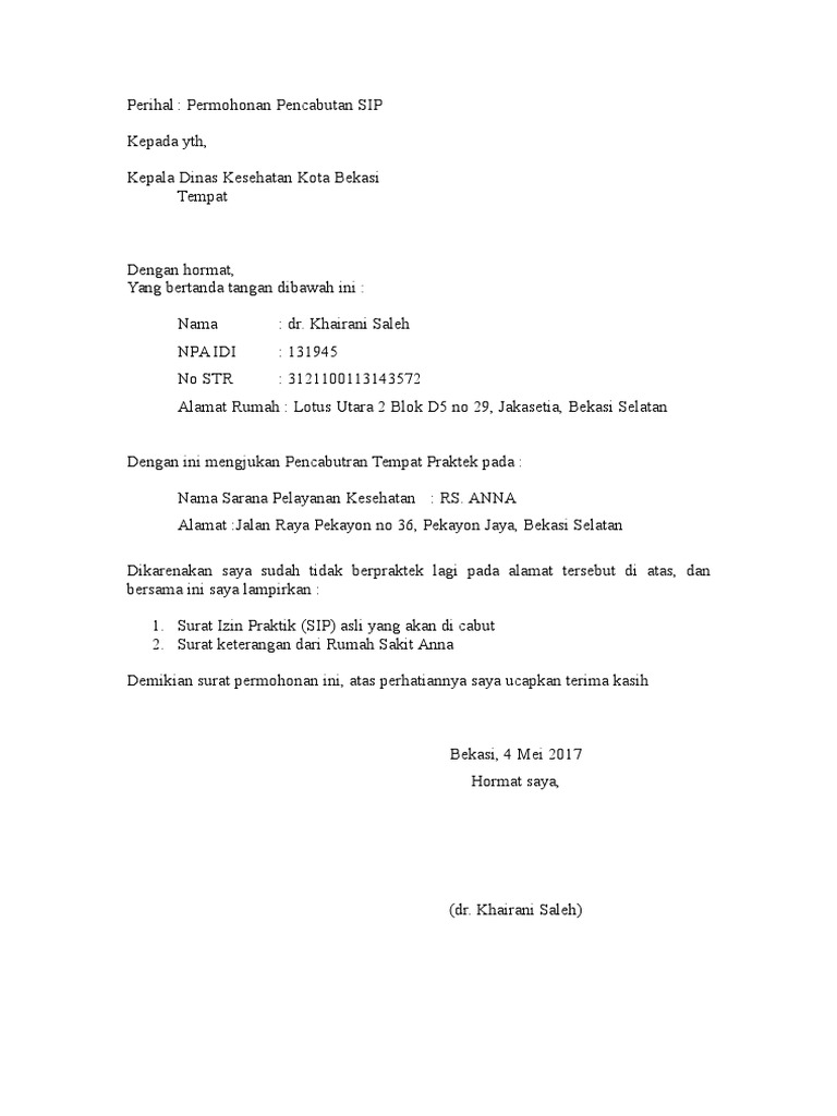 Permohonan Pencabutan SIP - Surat Ijin Praktek