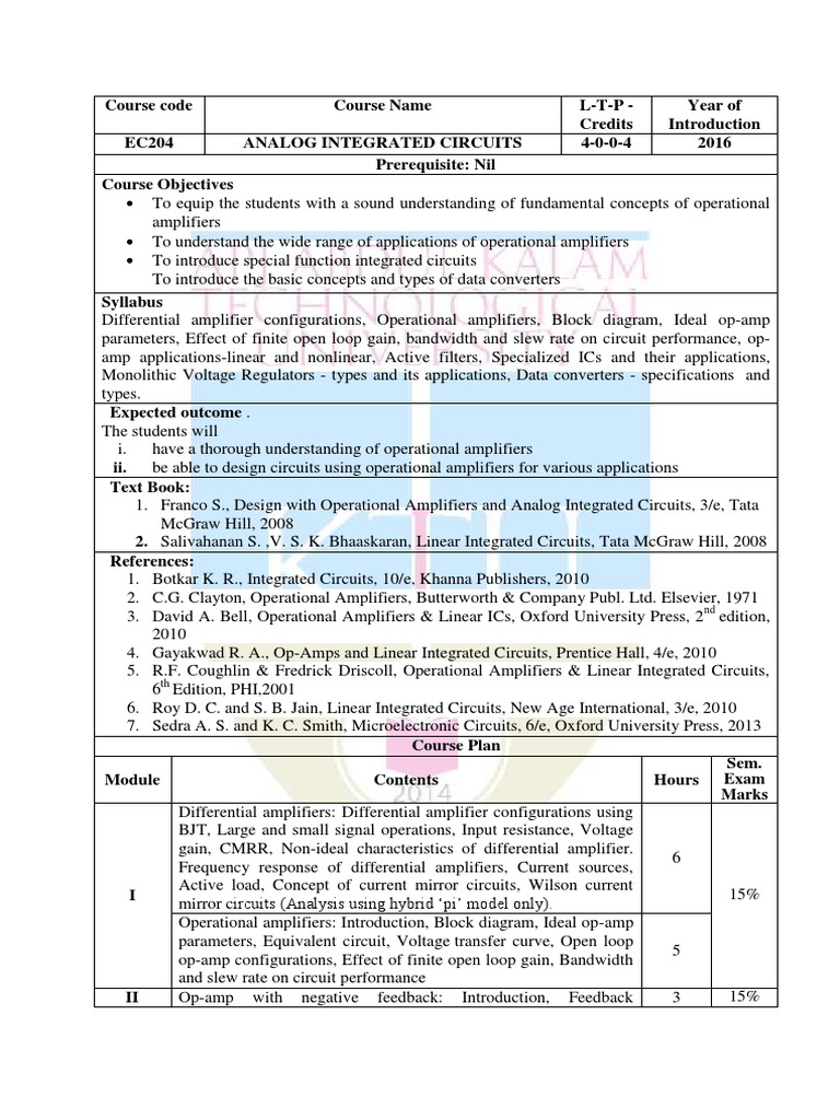 Analog Integrated Circuits Course EC204 | PDF | Operational Amplifier ...