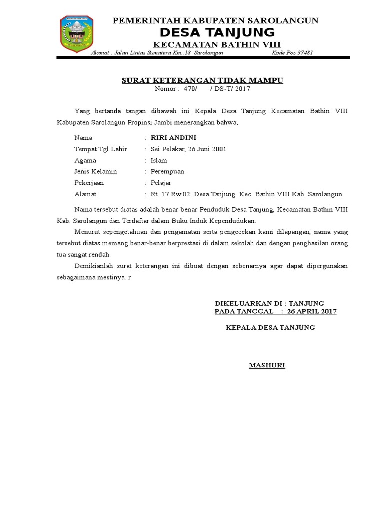 Surat Keterangan Tidak Mampu