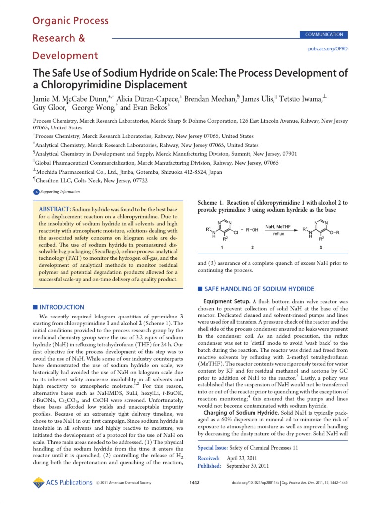 The Safe Use of Sodium Hydride On Scale Tetrahydrofuran Chemical