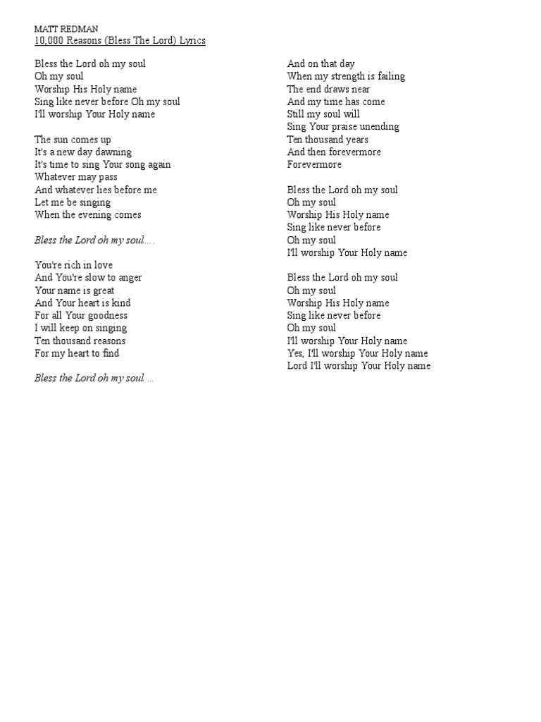 Matt redman - 10,000 reasons (bless the lord) lyrics | pdf