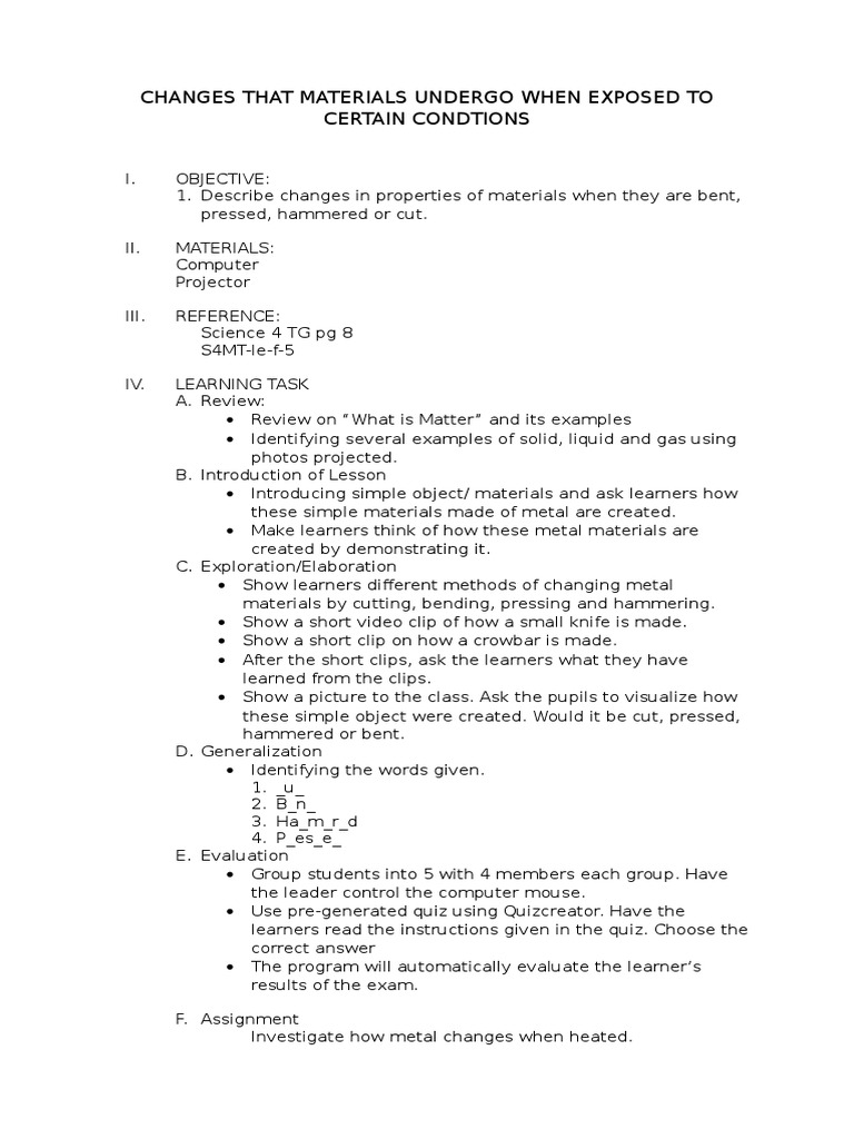 Changes in Materials for Grade 4 Science | PDF | Science & Mathematics