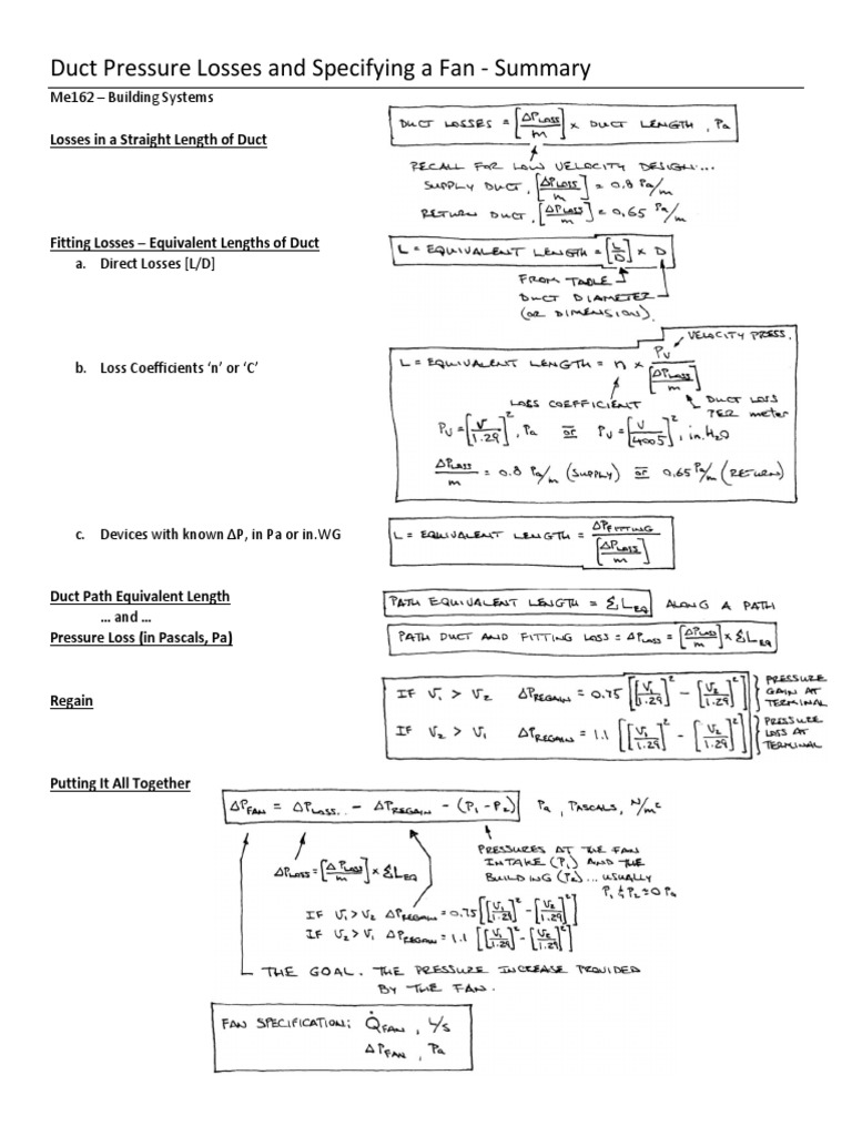 Duct Pressure Losses and Fan Specs Guide | PDF