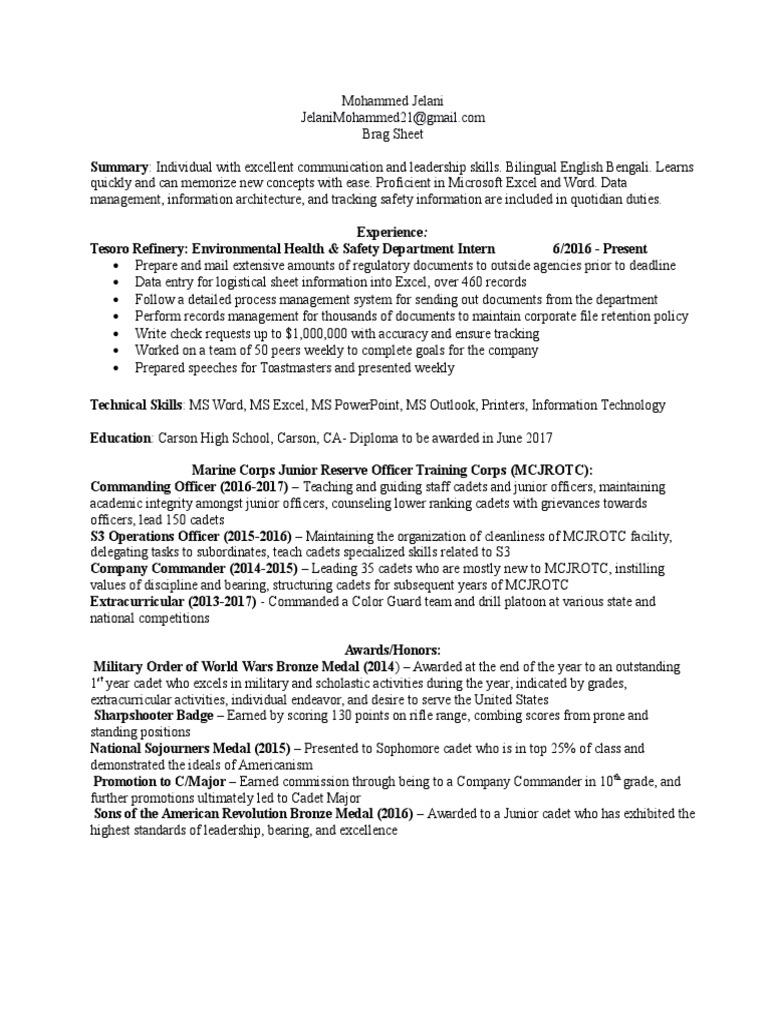 Junior Military Brag Sheet | PDF | Cadet | Microsoft Excel
