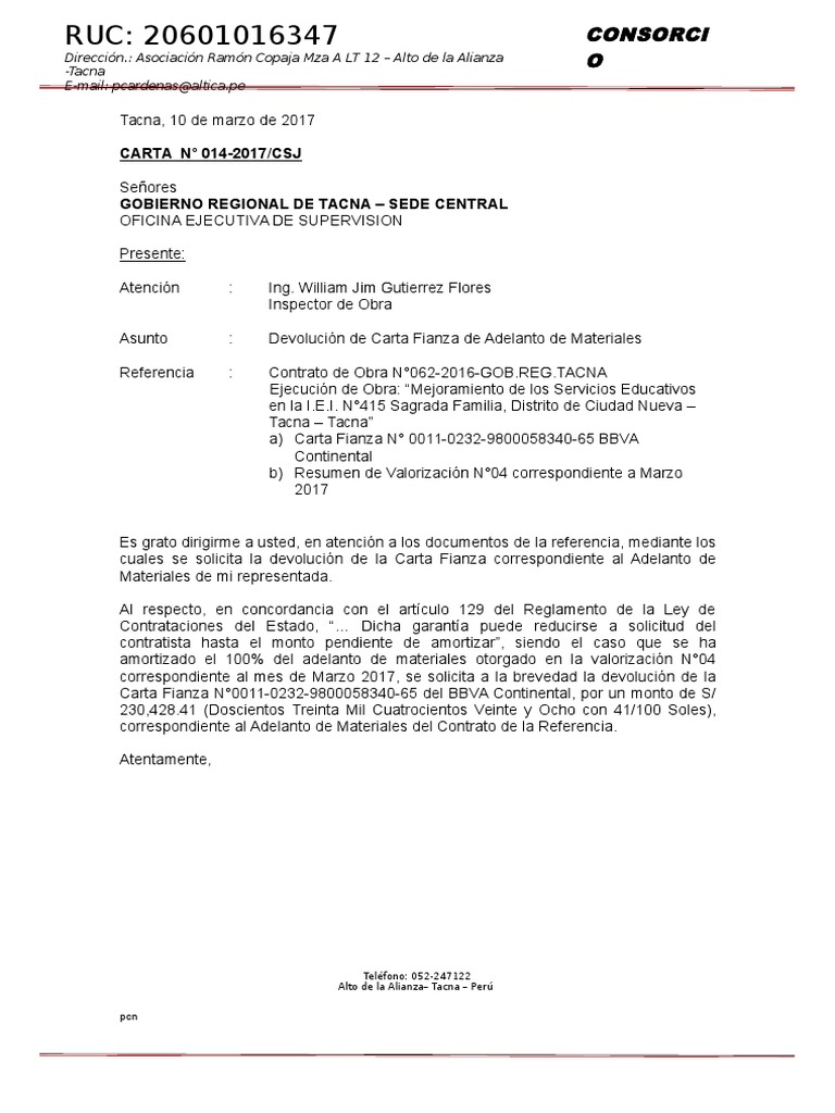 solicito devolucion de carta fianza materiales carta