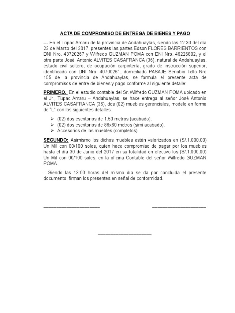Acta de Compromiso de Entrega de Bienes y Pago