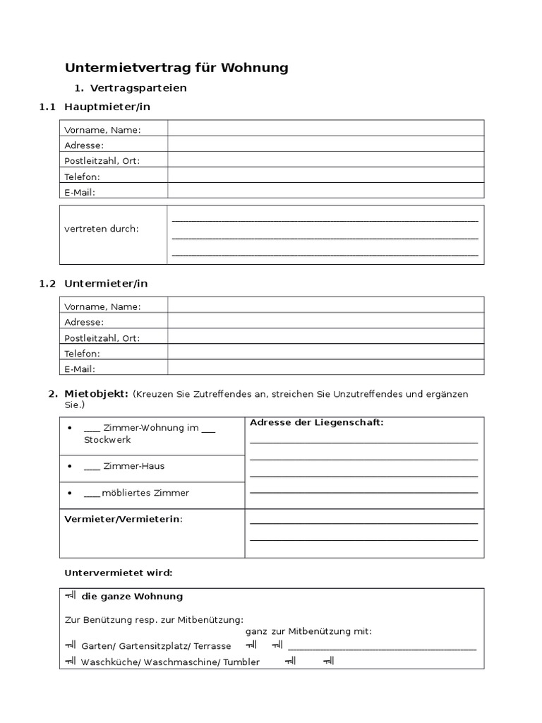 Vorlage Muster Untermietvertrag Wohnung