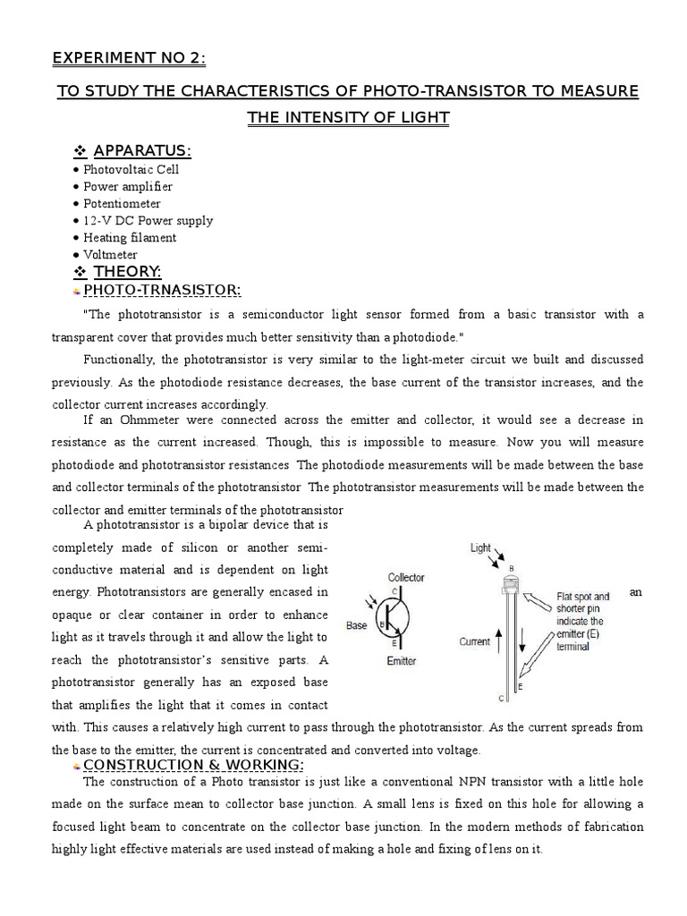 Experiment No 2 To Study The Characteristics of PhotoTransistor To