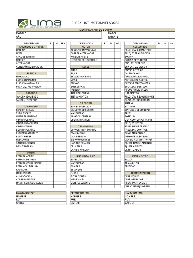 Check List Motoniveladora