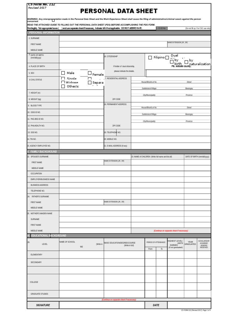 Personal Data Sheet Filipino Dual Citizenship by Birth by