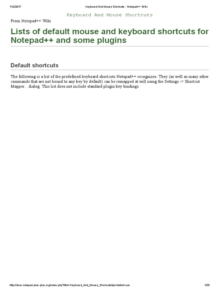 Notepad++HELP Keyboard and Mouse Shortcuts PDF PDF Html