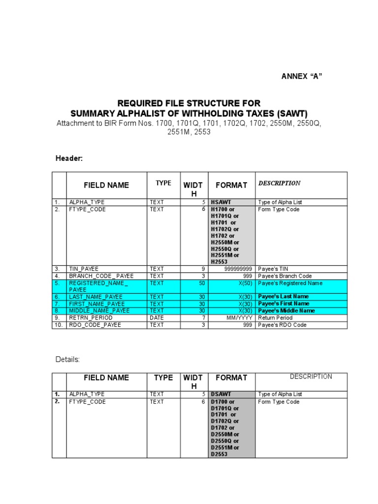 Required File Structure For Summary Alphalist of Withholding Taxes ...