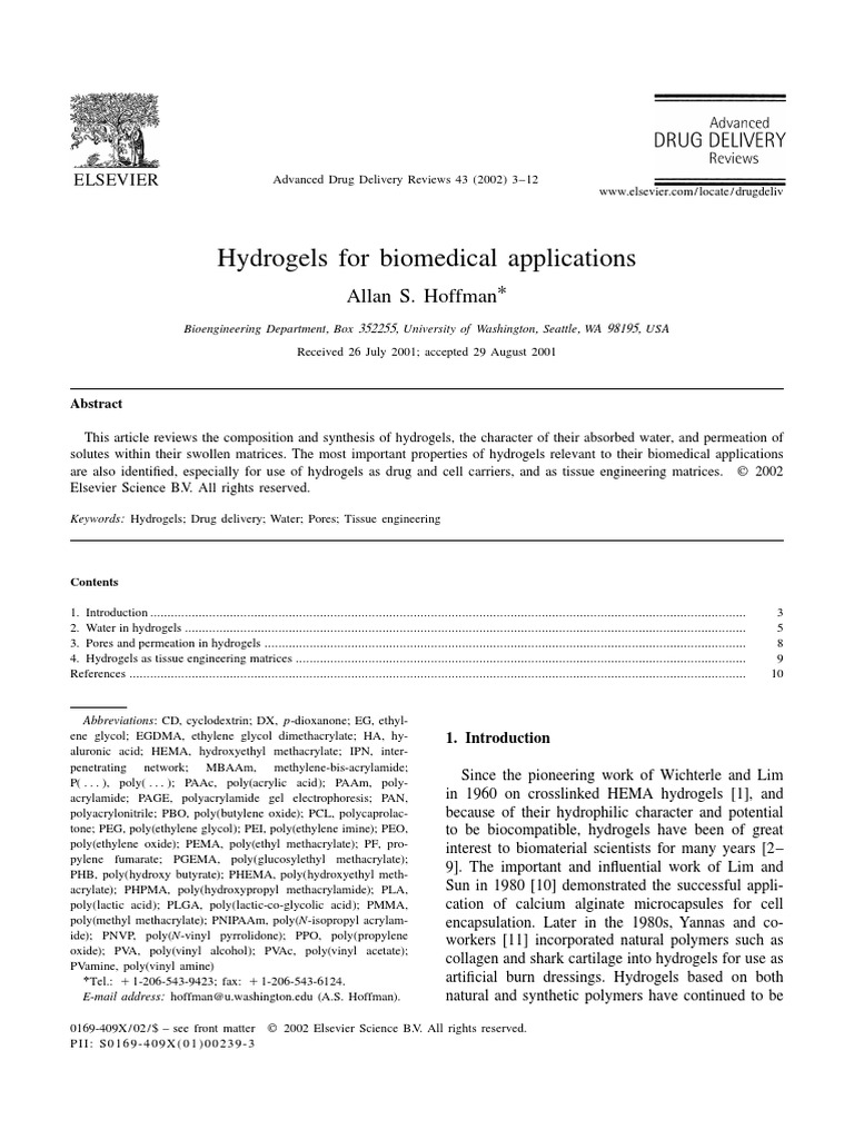 Hydrogels in Biomedical Applications | PDF | Gel | Tissue Engineering