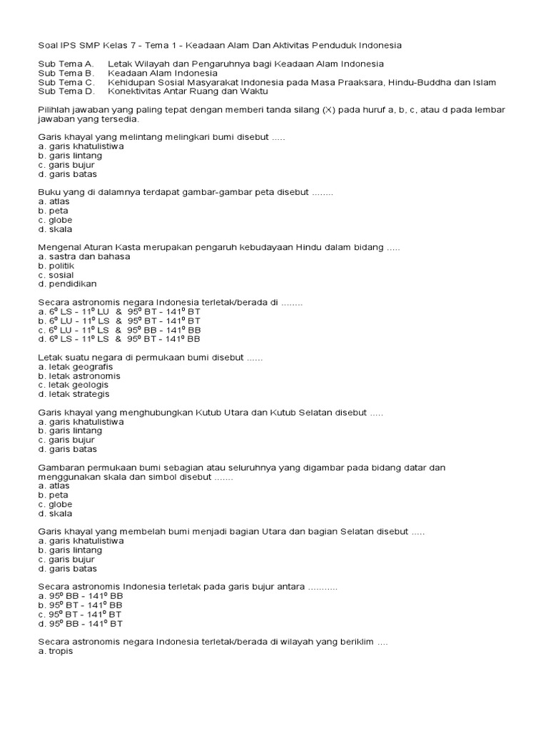 Soal IPS SMP Kelas 7 Tema 1 Keadaan Alam Dan Aktivitas