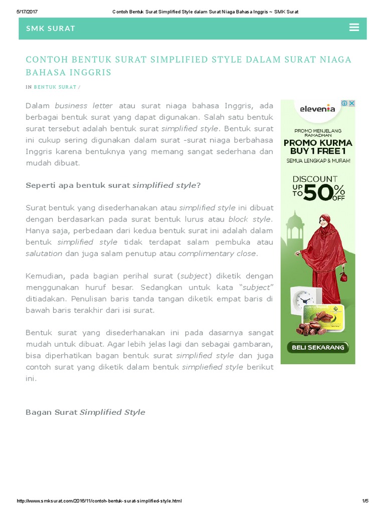 Contoh Bentuk Surat Simplified Style Dalam Surat Niaga
