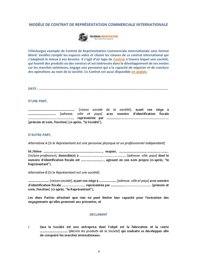 Modèle De Contrat De Distribution Exclusive Gratuit Word Modele Contrat Representation Commerciale Internationale Exemple | PDF |  Arbitrage | Business