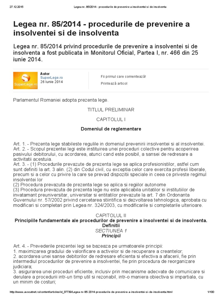 Legea Insolventei Nr. 85.2014