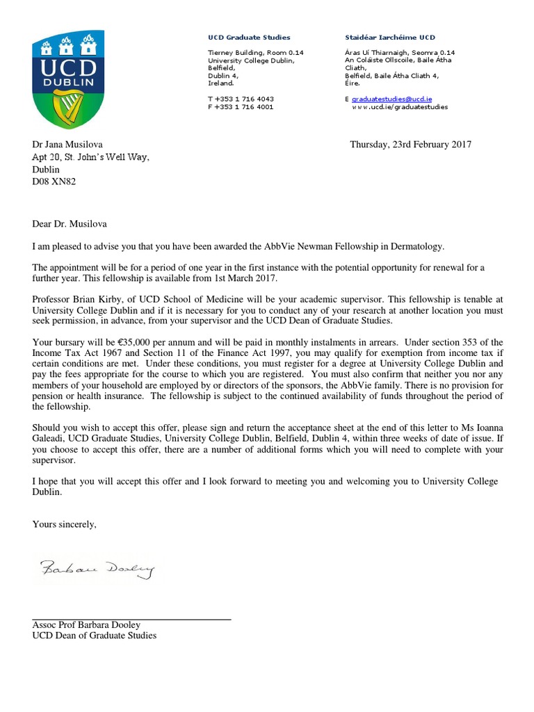 UCD AbbVie Fellowship Offer Letter | PDF | Dublin | Graduate School
