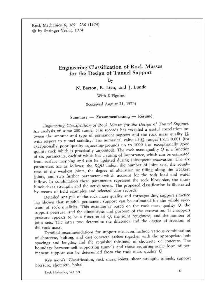 Barton, Lien and Lunde, 1974. Engineering Classification of Rock Masses ...