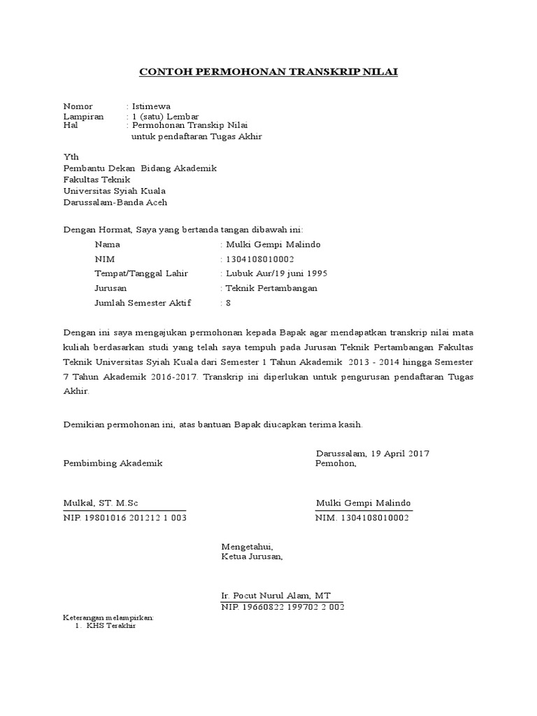 Surat Permohonan Transkrip Nilai Pdf