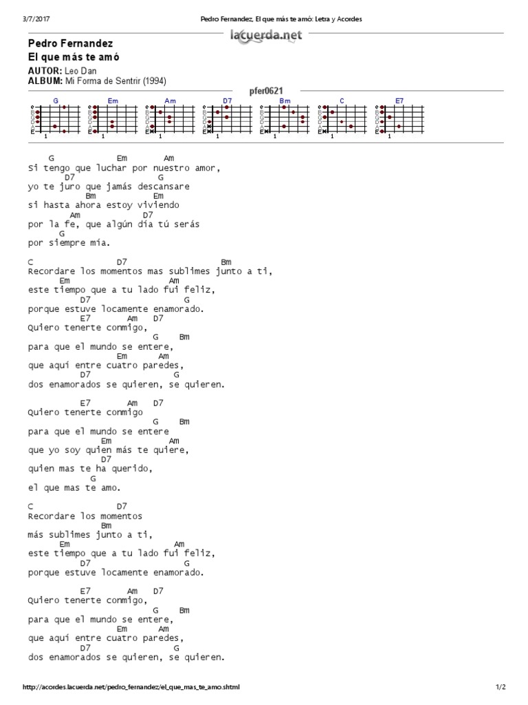 Pedro Fernandez, El Que Más Te Amó Letra y Acordes PDF Música