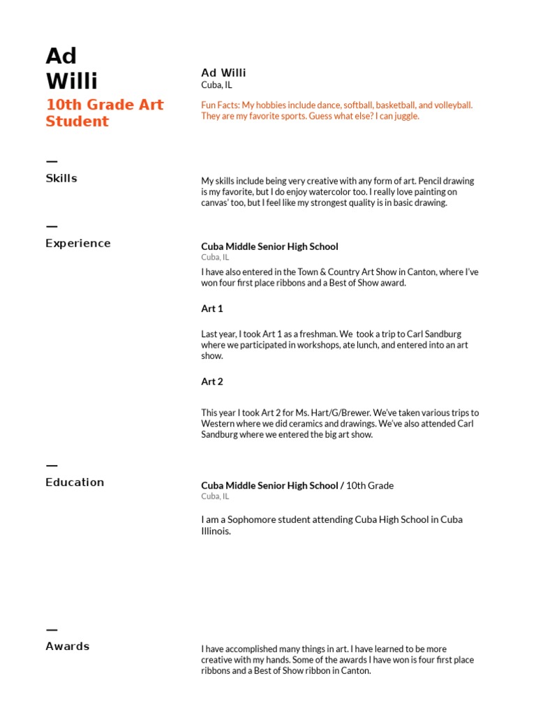 Ad Willi: 10th Grade Art Student | PDF