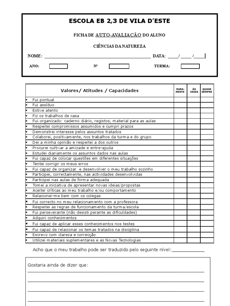 AUTOAVALIAÇÃO DO ESTUDANTE