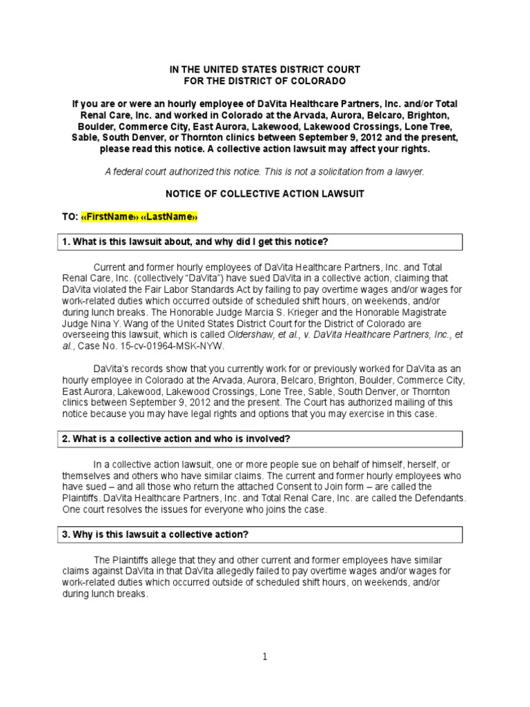 DaVita Lawsuit Notice of Collective Action PDF Lawsuit Lawyer