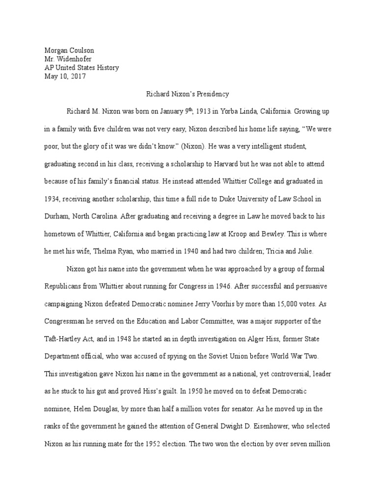 Apush President Project PDF Richard Nixon Watergate Scandal