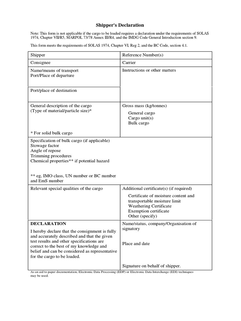 Dg Shippers Declaration Cargo Specification (Technical Standard)