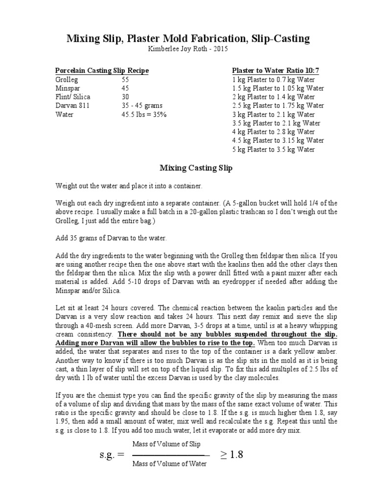 Mixing Slip, Plaster Mold Fabrication, SlipCasting PDF Plaster Volume