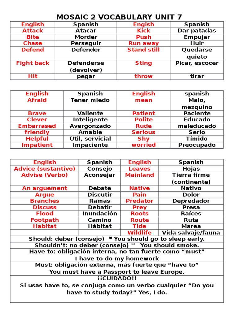 Vocabulary List Mosaic 2 Unit 7 PDF