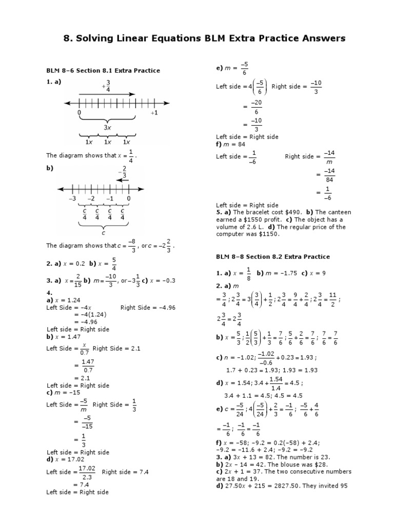 Linear Equations Extra Practice Answers | PDF | Applied Mathematics ...