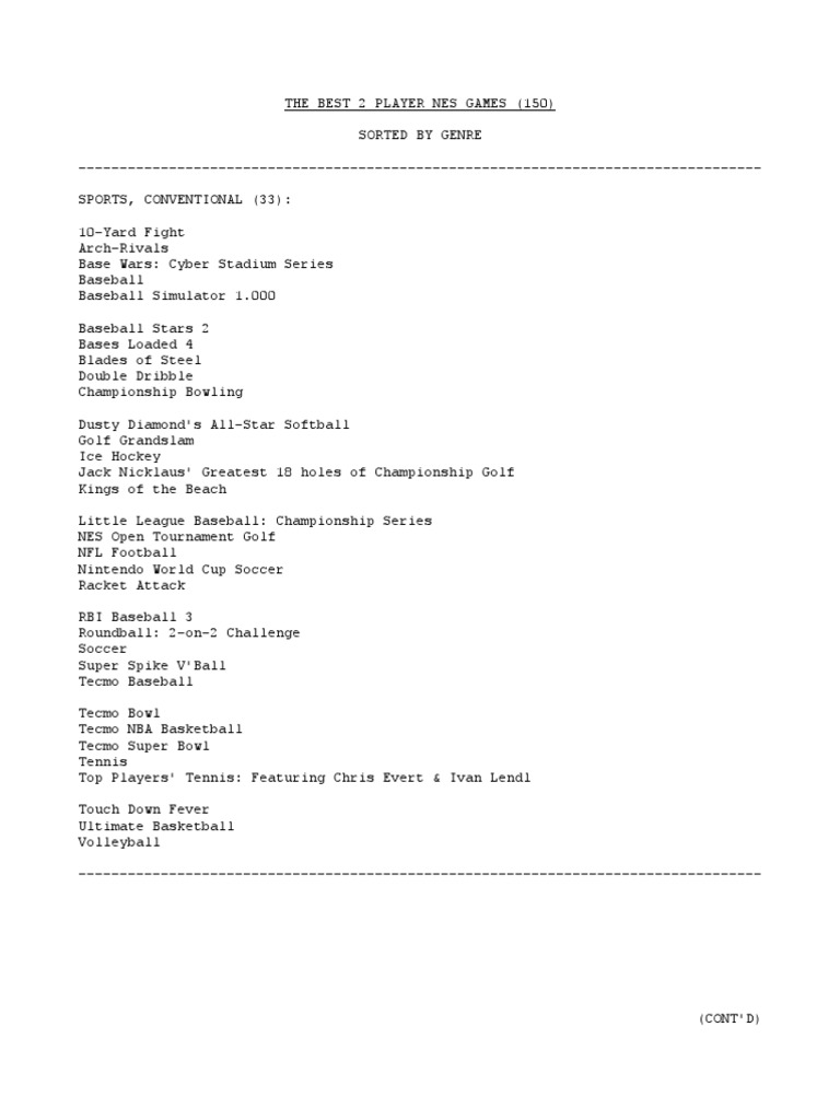 Top 2 Player NES Games by Genre | PDF | Sports | Entertainment
