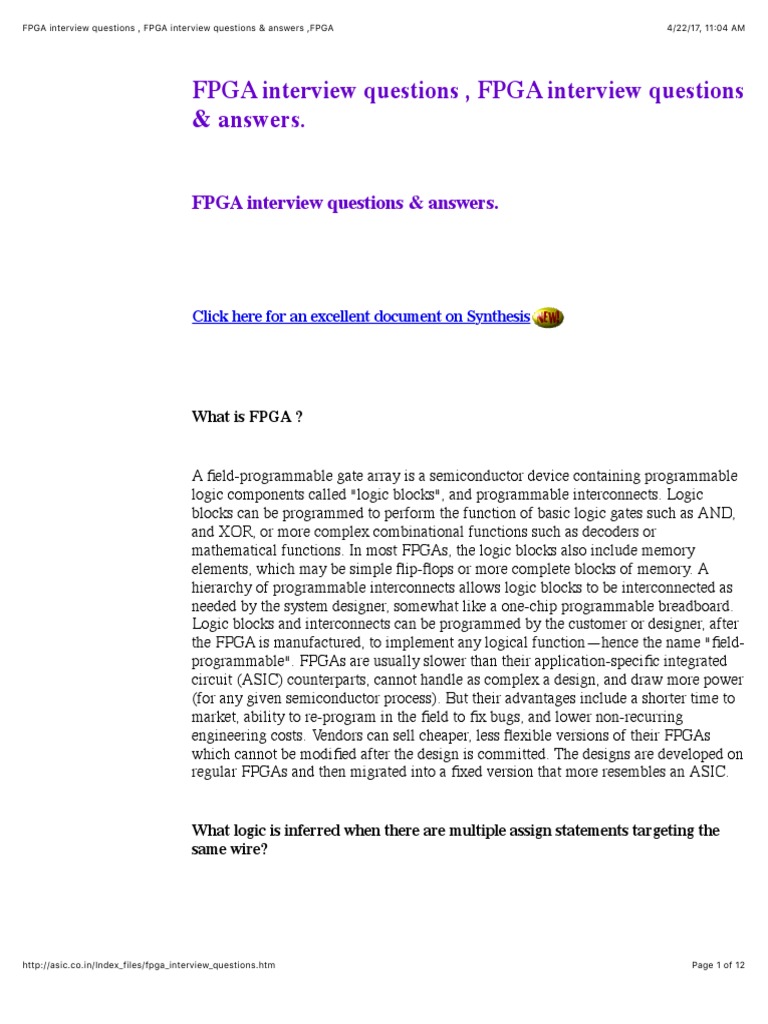 FPGA Interview Questions & Answers Guide | PDF | Field Programmable ...
