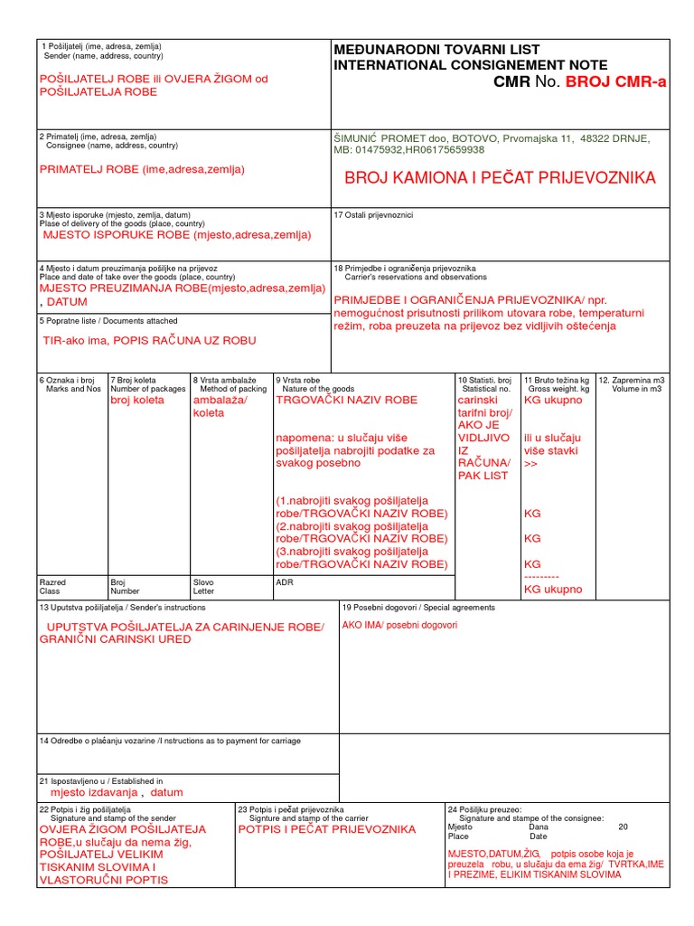 Primjer Pounjavanja CMR Vozac48di Za Oglasnu Ploc48du | PDF