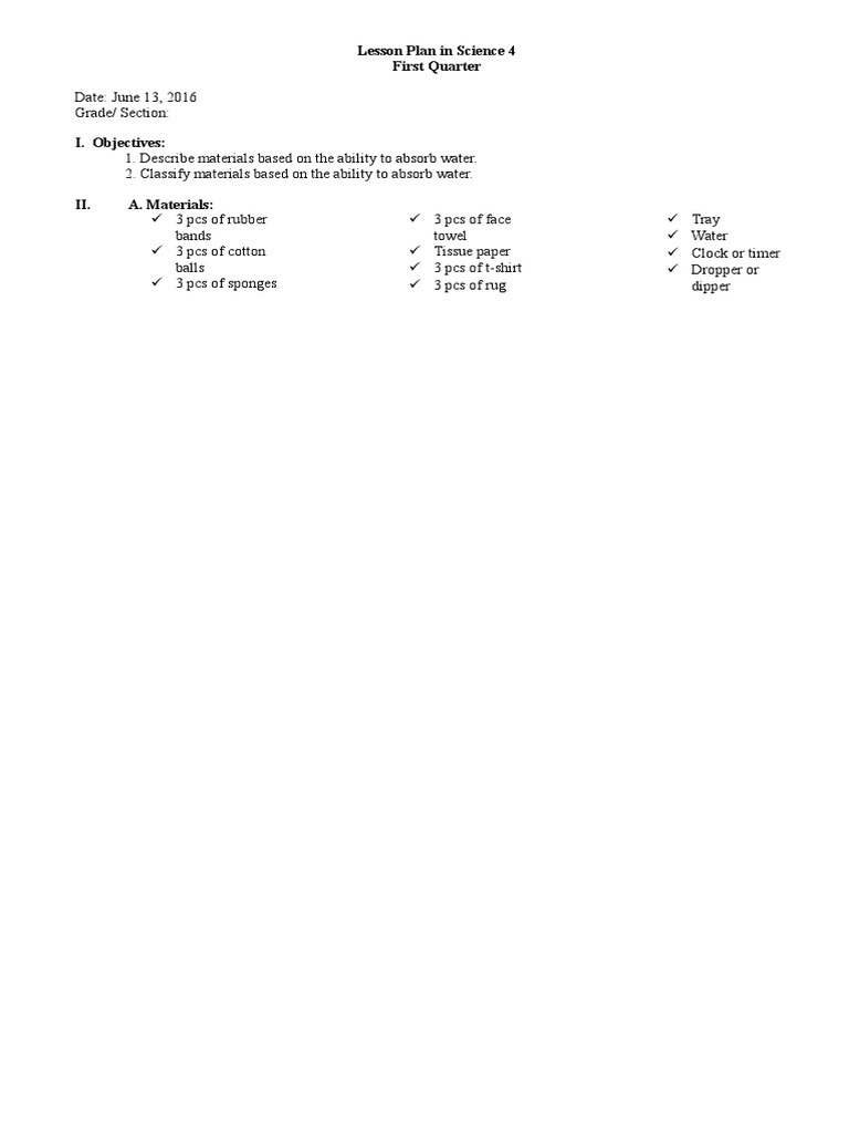 Science 4: Water Absorption Lesson | PDF | Lesson Plan | Education Theory