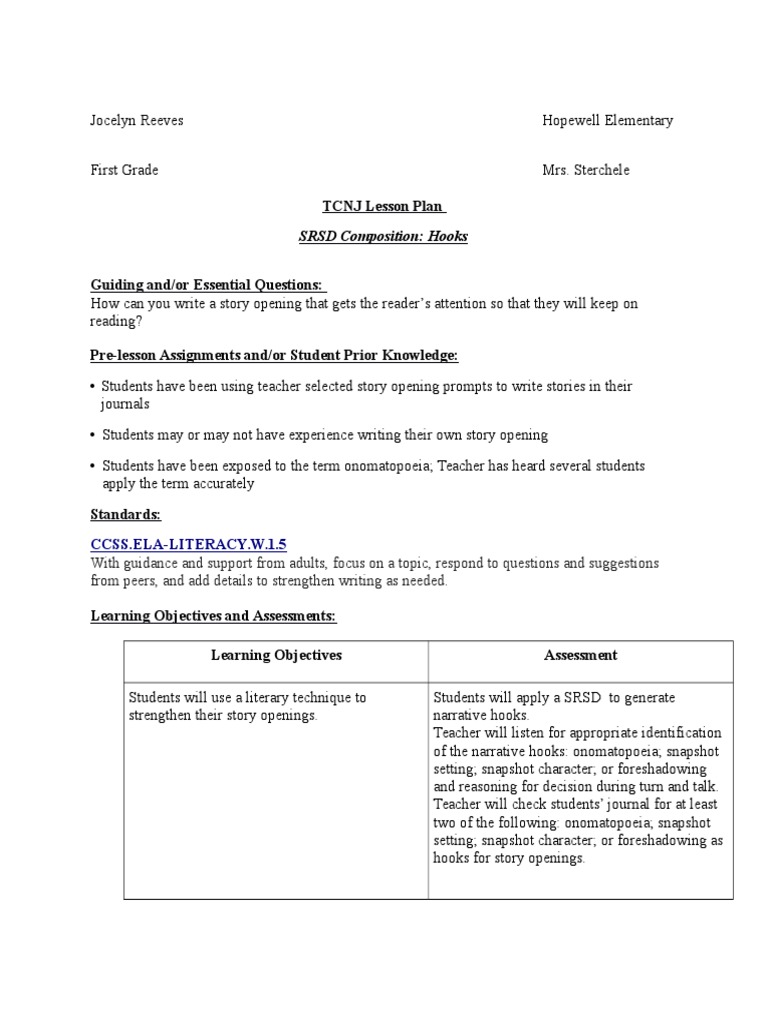srsd hooks lesson word Narrative Lesson Plan Free 30day Trial Scribd