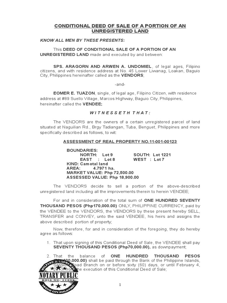 Conditional Deed Of Sale Of A Portion Of An Unregistered Land Deed Taxes