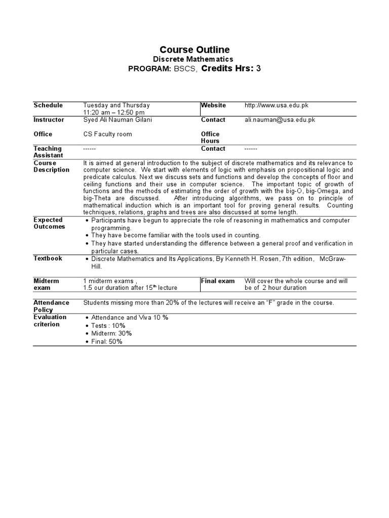 Discrete Mathematics Course Outline | PDF | Discrete Mathematics ...