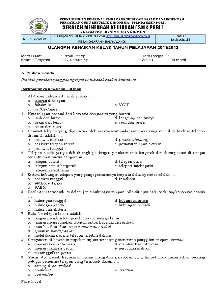 soal produktif administrasi perkantoran kelas X