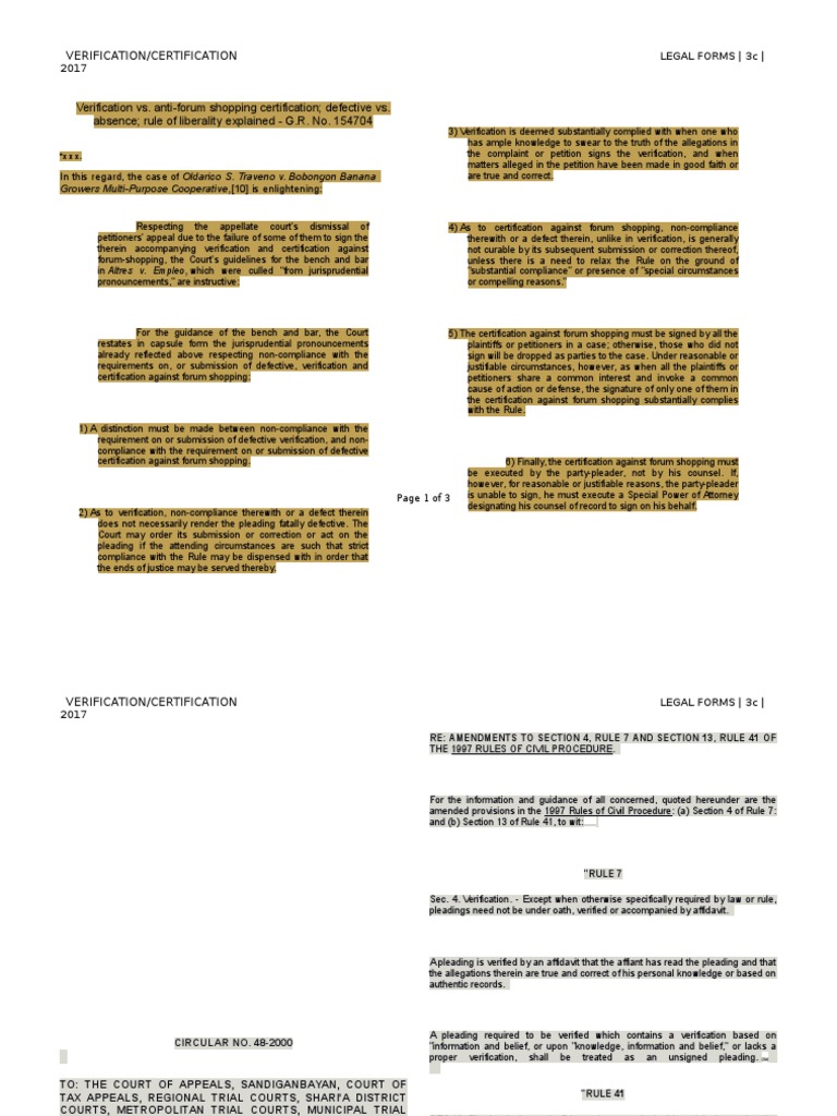 Certification/ Verification of Pleadings | Affidavit | Pleading