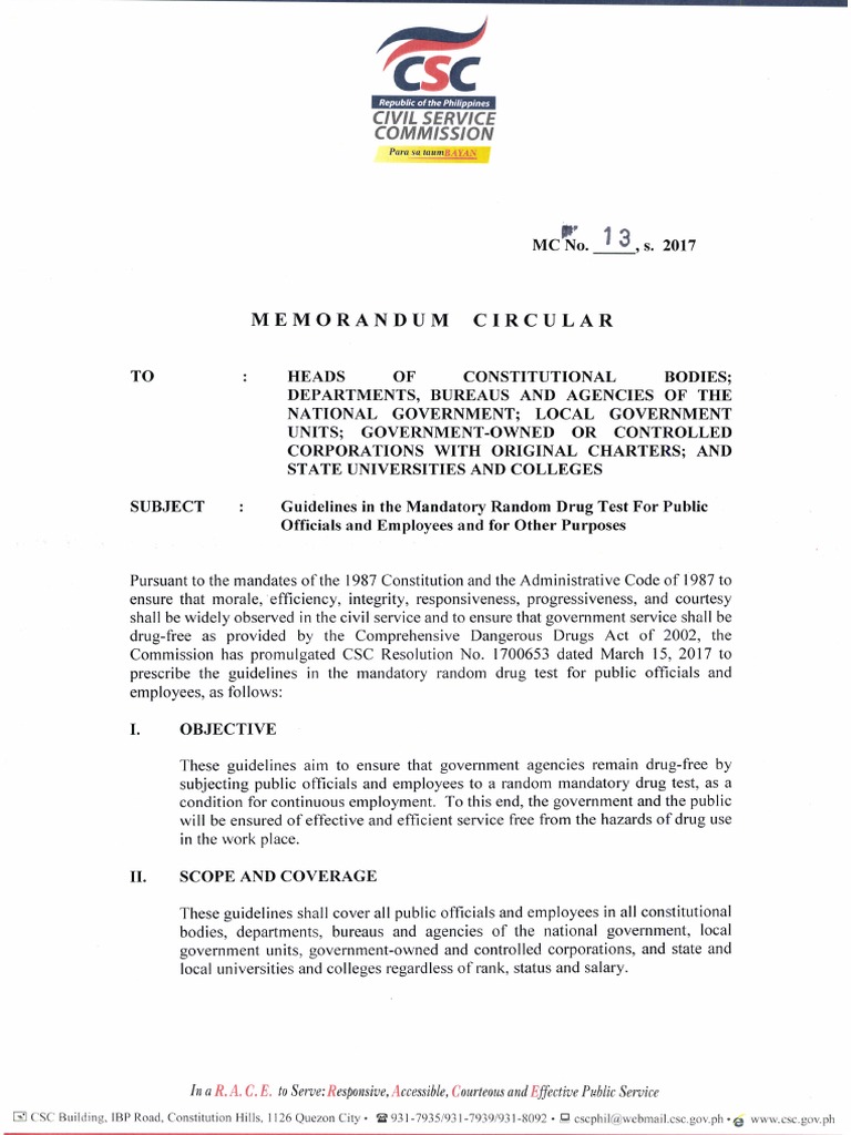 CSC MC No. 13 S. 2017 (Random Drug Test) PDF