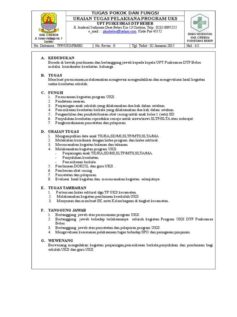 Uraian Tugas Penanggung Jawab Program Uks Berkas Jawaban