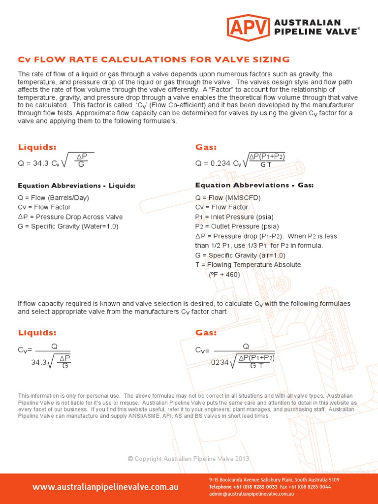 Valve CV Flow Rate Formlae PDF Valve Pressure