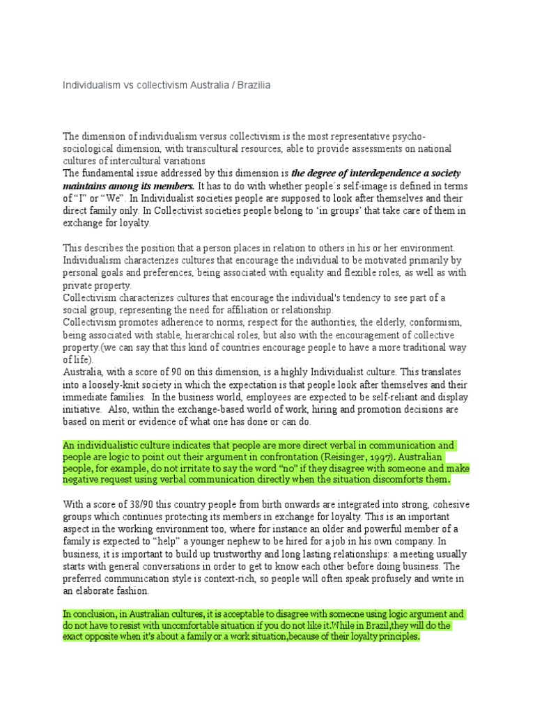 Individualism vs Collectivism: Australia vs Brazil | PDF | Collectivism ...